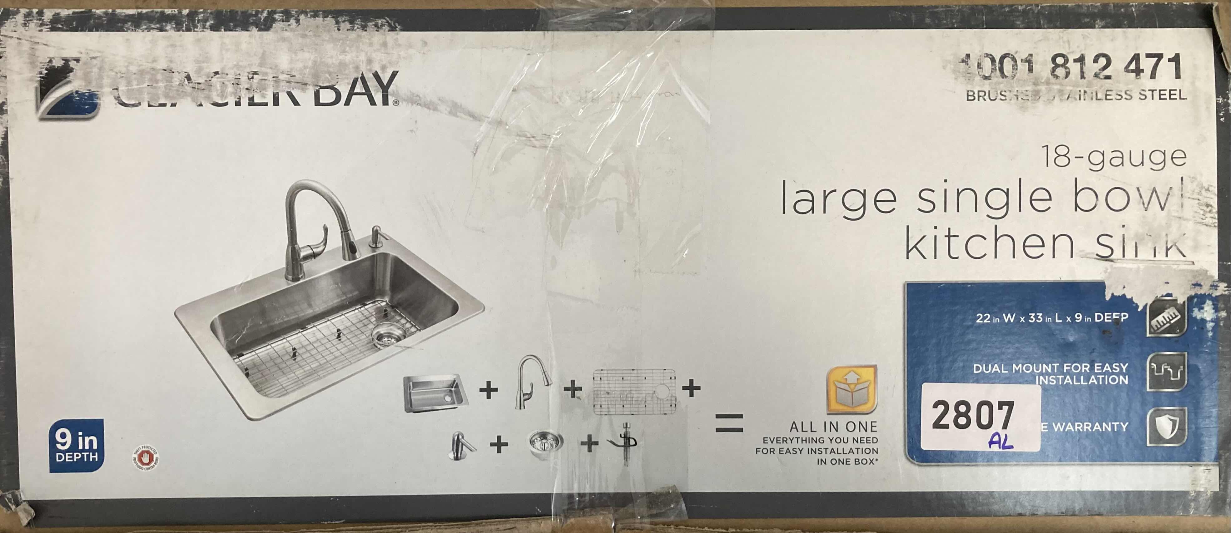 Photo 3 of GLACIER BAY 22” BRUSHED STAINLESS STEEL 18 GAUGE 2 FAUCET HOLE LARGE SINGLE BOWL KITCHEN SINK ALL IN 1 SET MODEL 1001 812 471