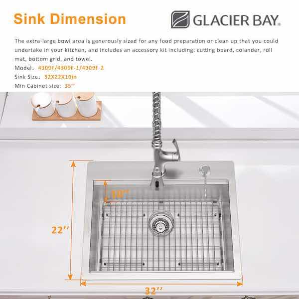 Photo 3 of NEW GLACIER BAY 32" STAINLESS STEEL 18 GAUGE 2 FAUCET HOLE SINGLE BOWL KITCHEN WORKSTATION SINK ALL IN 1 SET MODEL 1004094236