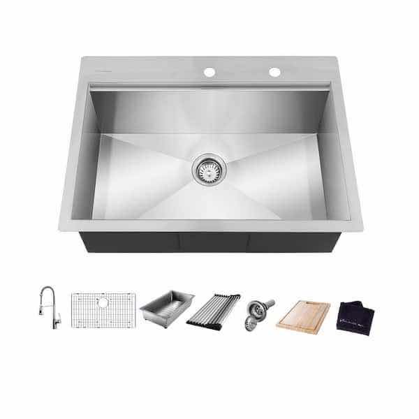 Photo 1 of NEW GLACIER BAY 32" STAINLESS STEEL 18 GAUGE 2 FAUCET HOLE SINGLE BOWL KITCHEN WORKSTATION SINK ALL IN 1 SET MODEL 1004094236