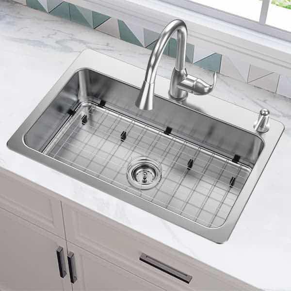 Photo 2 of NEW GLACIER BAY 33" STAINLESS STEEL 18 GAUGE DUAL MOUNT SINGLE BOWL KITCHEN SINK ALL IN 1 SET MODEL 1007917825