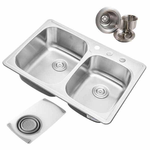 Photo 1 of NEW COZYBLOCK 33" STAINLESS STEEL 18 GAUGE 3 FAUCET HOLE DROP IN DOUBLE BOWL KITCHEN SINK W ACCESSORIES MODEL ALTO-6040-3-M