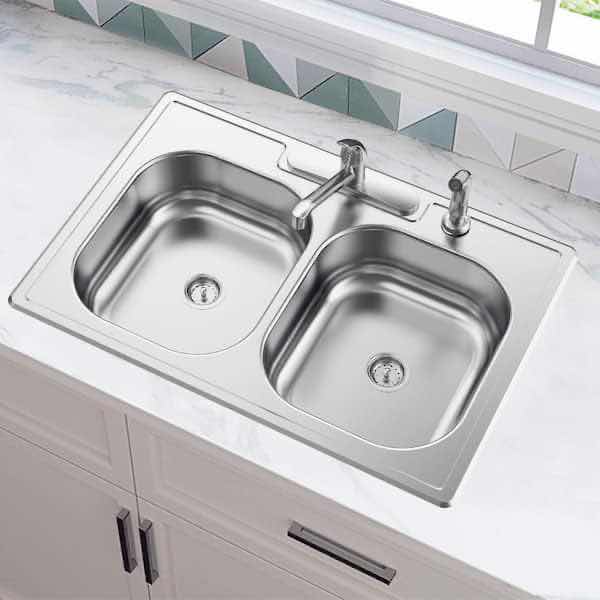 Photo 2 of NEW GLACIER BAY 33" BRUSHED STAINLESS STEEL 20 GAUGE DOUBLE BOWL KITCHEN SINK ALL IN 1 SET MODEL VT3322A08SHA1