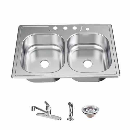 Photo 1 of NEW GLACIER BAY 33" BRUSHED STAINLESS STEEL 20 GAUGE DOUBLE BOWL KITCHEN SINK ALL IN 1 SET MODEL VT3322A08SHA1