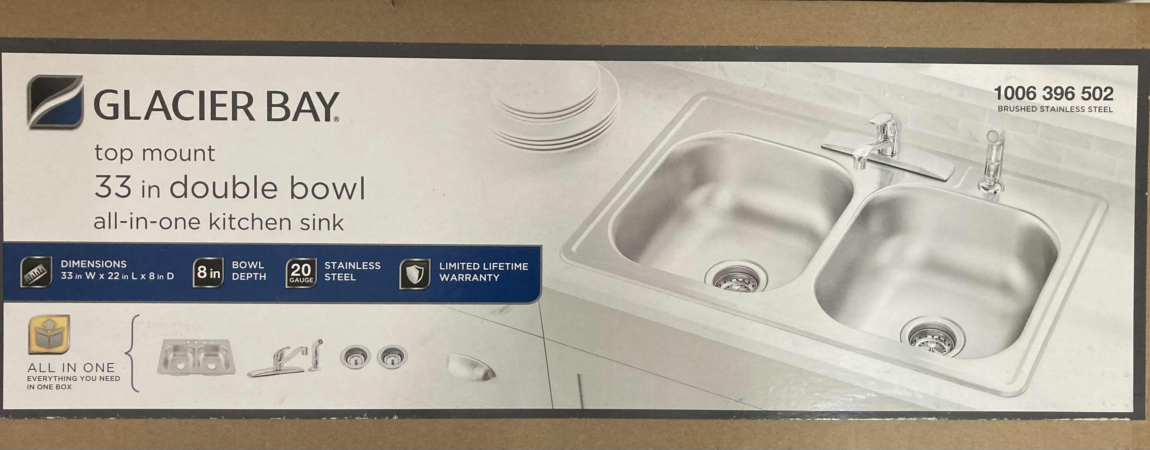Photo 4 of NEW GLACIER BAY 33" BRUSHED STAINLESS STEEL 20 GAUGE DOUBLE BOWL KITCHEN SINK ALL IN 1 SET MODEL VT3322A08SHA1
