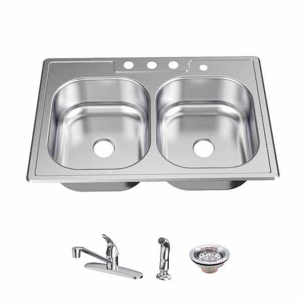 Photo 1 of NEW GLACIER BAY 33" BRUSHED STAINLESS STEEL 22 GAUGE DROP IN DOUBLE BOWL KITCHEN SINK ALL IN 1 SET MODEL 348 961