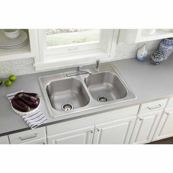 Photo 3 of NEW GLACIER BAY 33" BRUSHED STAINLESS STEEL 22 GAUGE 4 FAUCET HOLE DOUBLE BOWL KITCHEN SINK MODEL VT3322A07