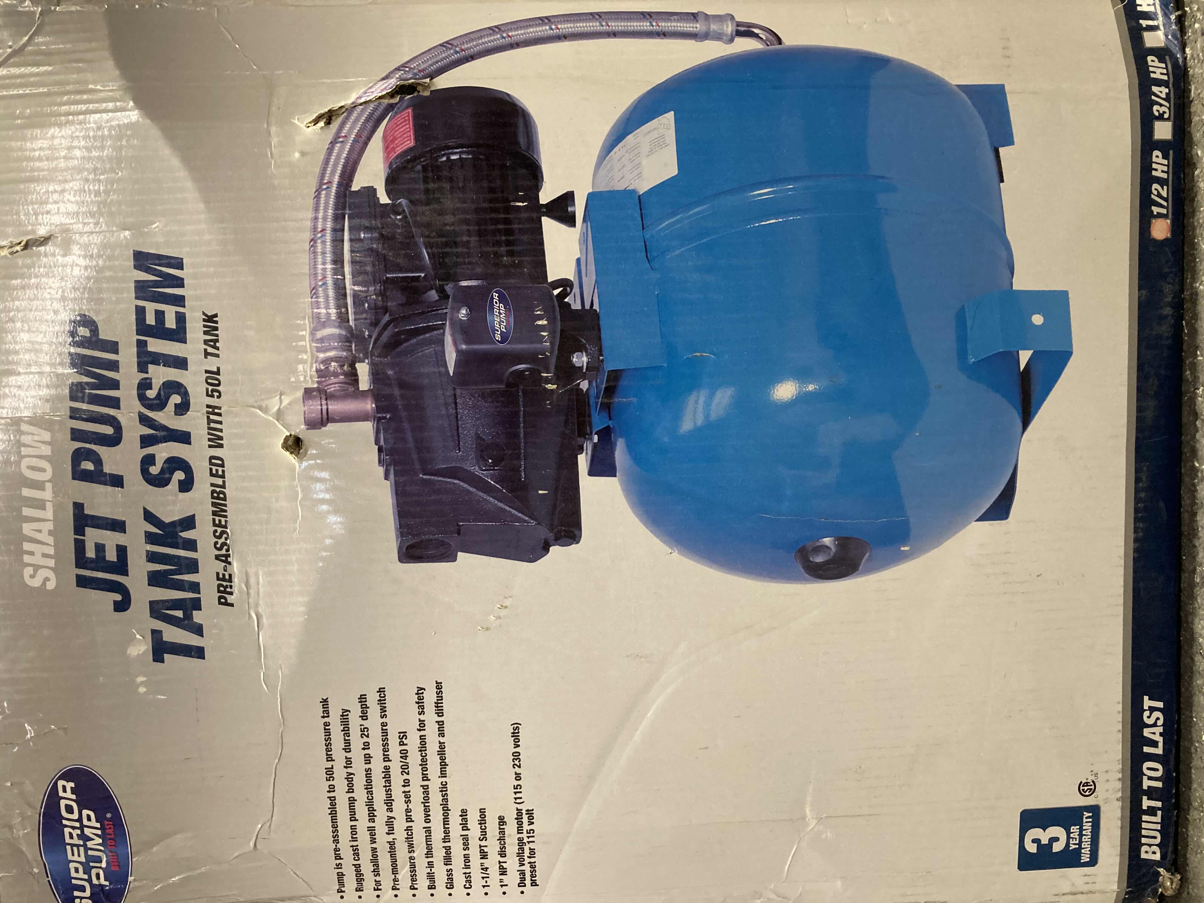 Photo 1 of SUPERIOR PUMP SHALLOW WELL 0.5HP 13.2GAL JET PUMP TANK SYSTEM MODEL 94553