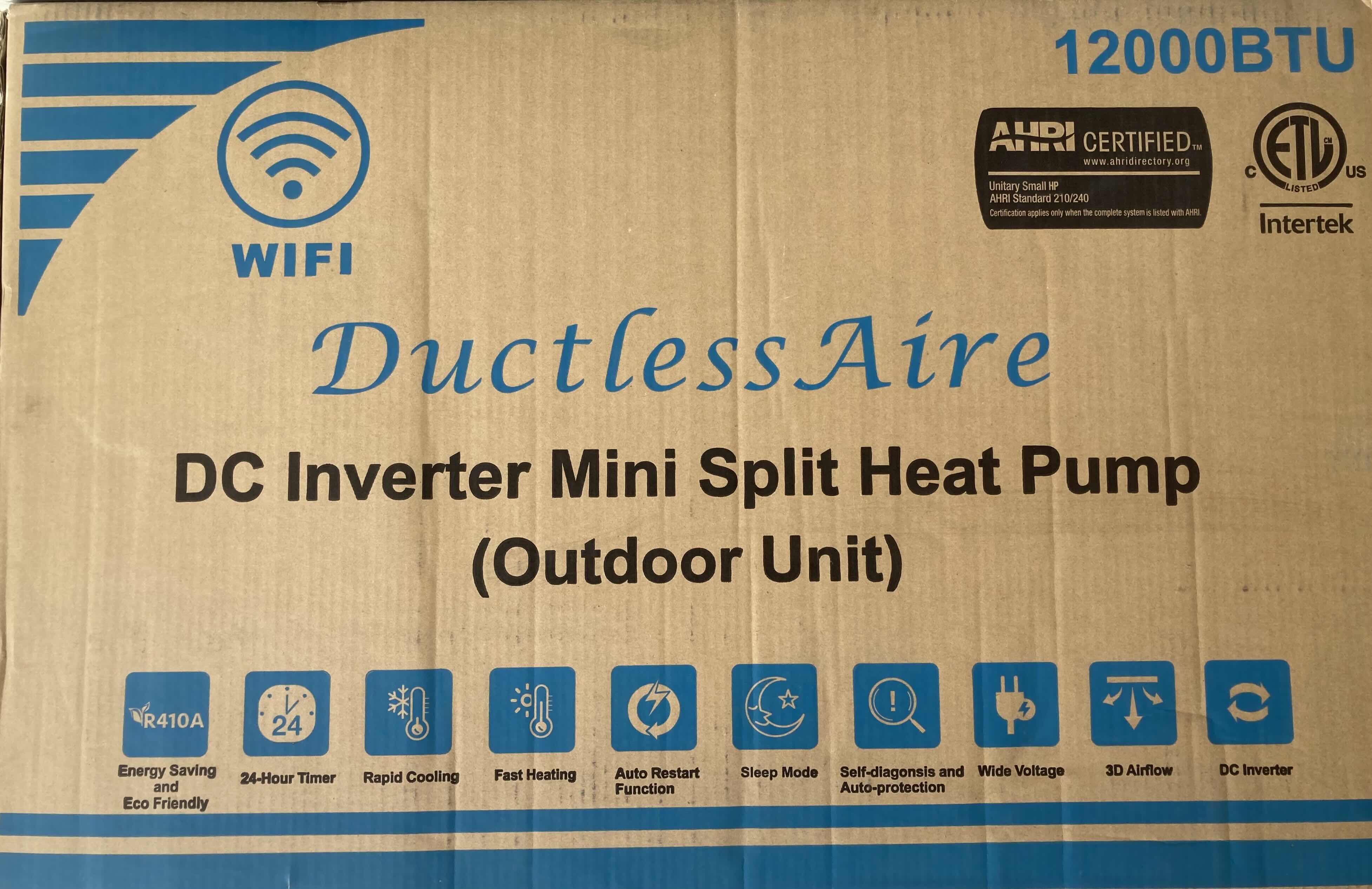 Photo 2 of $480.   NEW DUCTLESS AIRE OUTDOOR DC INVERTER MINI SPLIT HEAT PUMP 12000BTU 208/230V 60HZ 1PH WIFI CONNECTION MODEL KA-1219-O (OUTDOOR UNIT ONLY)