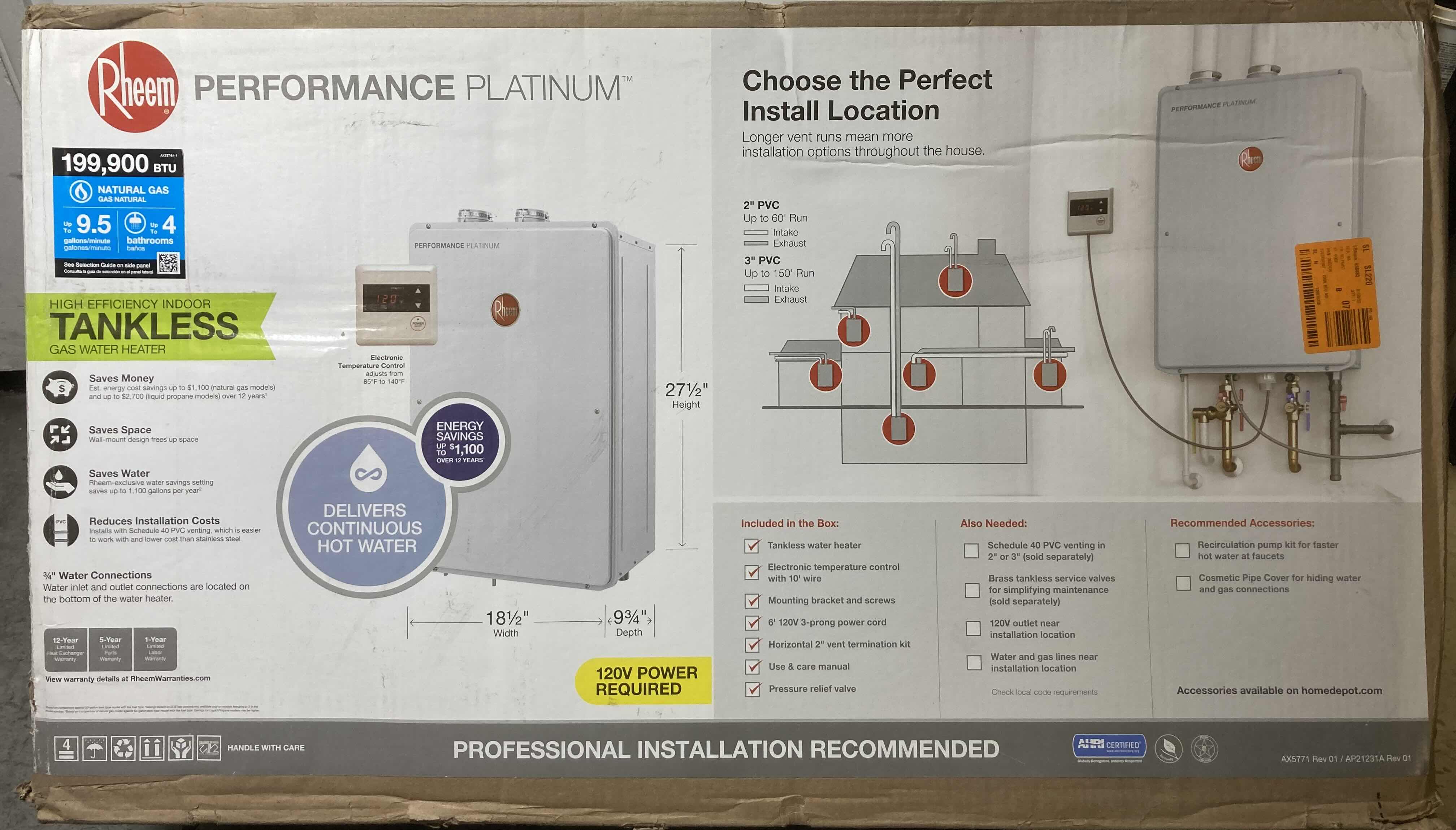 Photo 5 of $1470.     NEW RHEEM PERFORMANCE PLATINUM NATURAL GAS CONDENSING TANKLESS WATER HEATER 199,900BTU 120V REQUIRED MODEL ECOH200DVLN-2