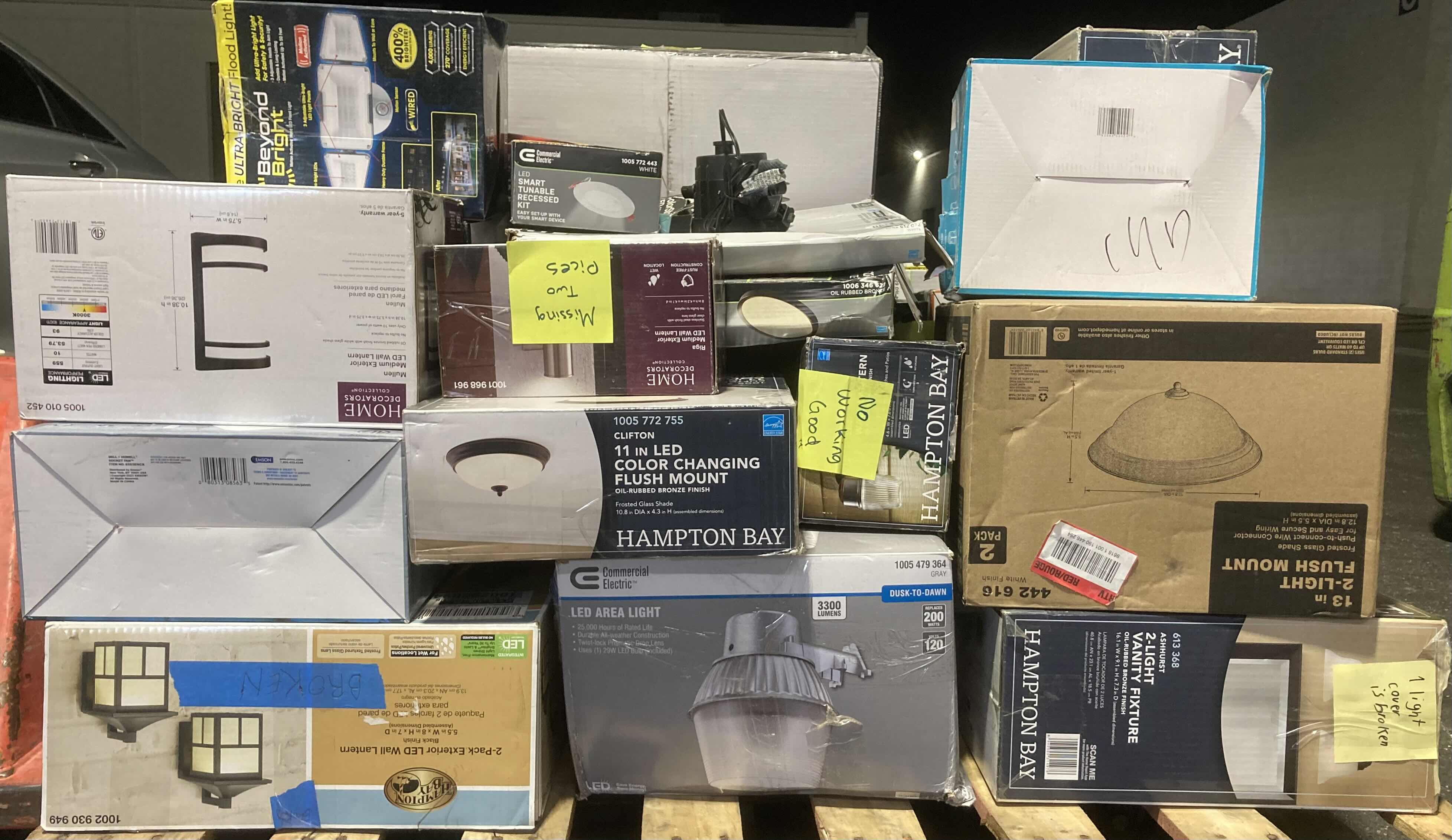 Photo 1 of $800.     HOUSEHOLD INDOOR/OUTDOOR LIGHT FIXTURES- VARIOUS BRANDS, STYLES & PURPOSES ON PALLET APPROX 25-30 FIXTURES (READ NOTES)