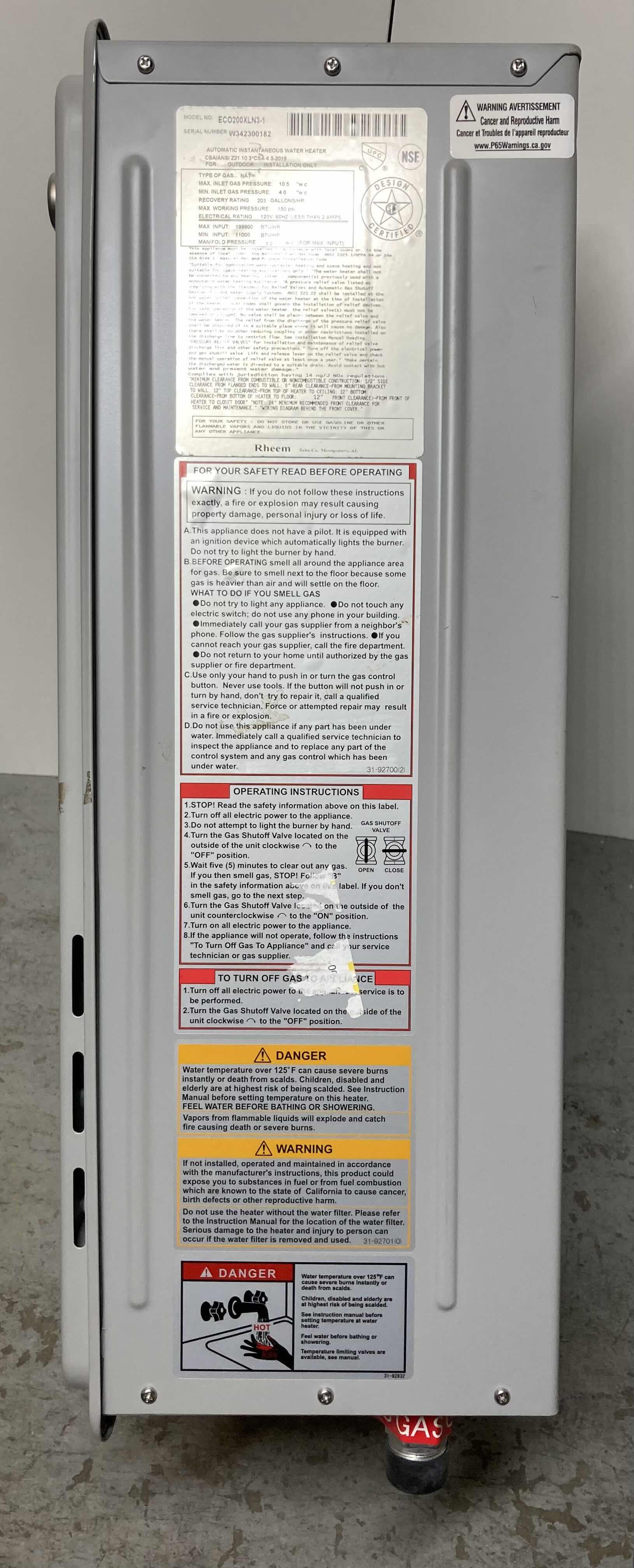 Photo 2 of RHEEM PERFORMANCE PLUS 9.5GPM NATURAL GAS OUTDOOR TANKLESS WATER HEATER MODEL ECO200XLN3-1