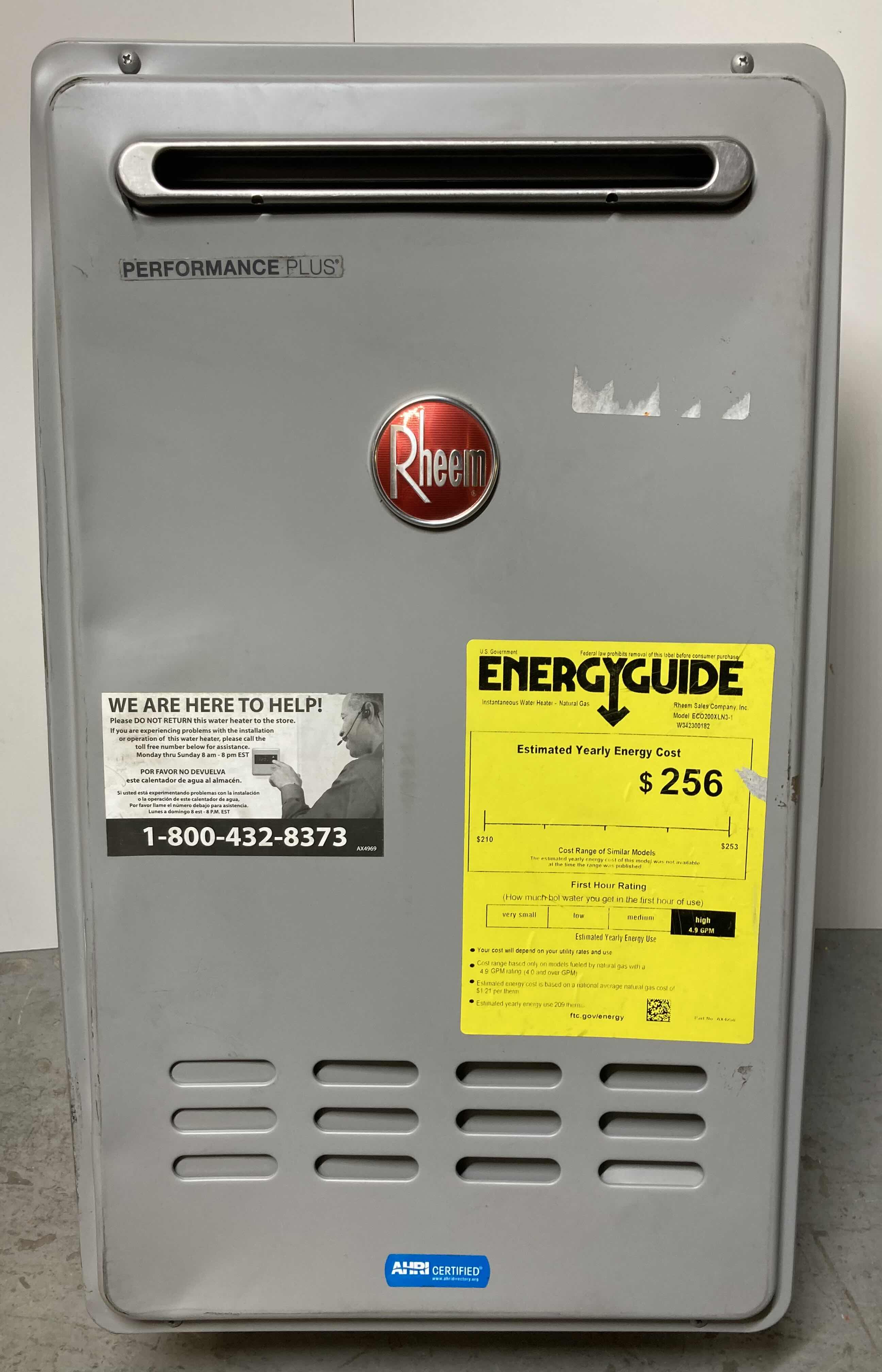 Photo 1 of RHEEM PERFORMANCE PLUS 9.5GPM NATURAL GAS OUTDOOR TANKLESS WATER HEATER MODEL ECO200XLN3-1