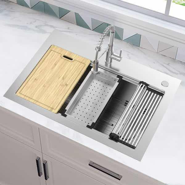 Photo 2 of $379    NEW GLACIER BAY 33” BRUSHED STAINLESS STEEL DUAL MOUNT SINGLE BOWL ALL IN 1 KITCHEN SINK MODEL 1005126669