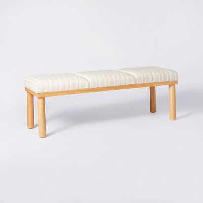 Photo 2 of THRESHOLD STUDIO MCGEE SCOFIELD CHANNEL TUFTED NEUTRAL STRIPE UPHOLSTERY WOOD LEG BENCH 48.5” X 16.5” H17.5”