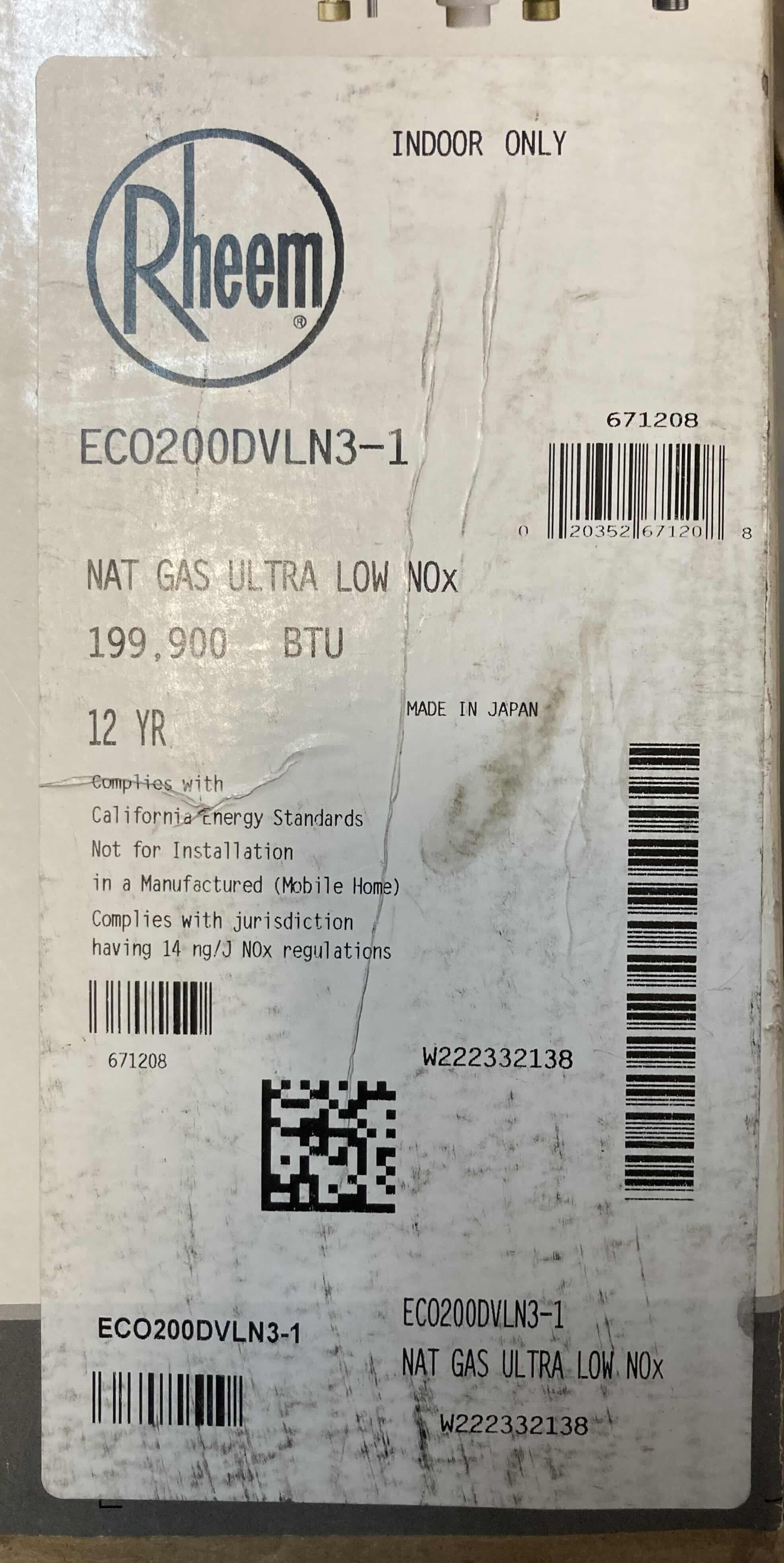 Photo 4 of RHEEM PERFORMANCE PLUS 199,900 BTU NATURAL GAS 9.5G TANKLESS WATER HEATER MODEL ECO200DVLN3-1