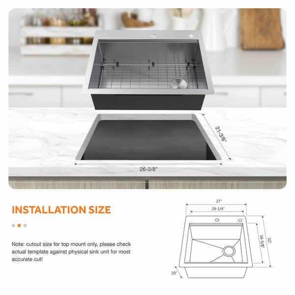 Photo 3 of GLACIER BAY 27” ZERO RADIUS STAINLESS STEEL 16G DUEL MOUNT SINGLE BOWL WORKSTATION KITCHEN SINK W ACCESSORIES MODEL FSD1Z2722A1ACC