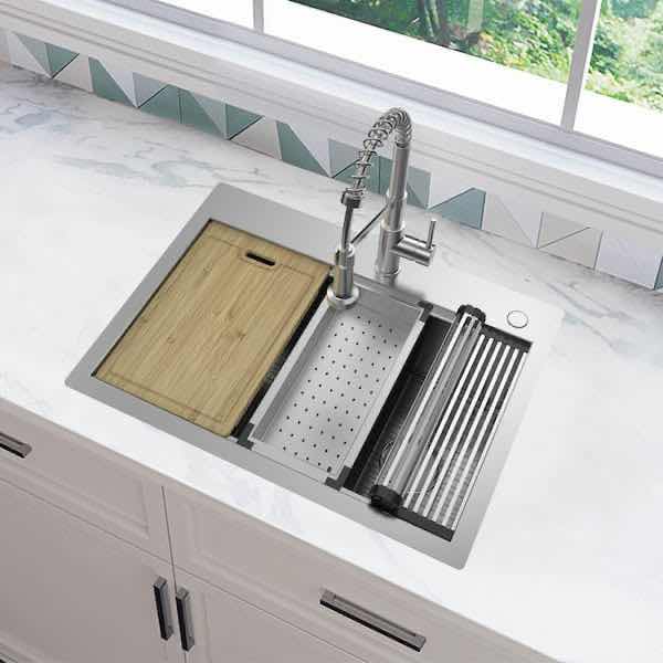 Photo 2 of GLACIER BAY 27” ZERO RADIUS STAINLESS STEEL 16G DUEL MOUNT SINGLE BOWL WORKSTATION KITCHEN SINK W ACCESSORIES MODEL FSD1Z2722A1ACC