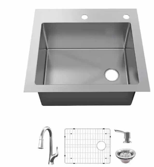 Photo 1 of GLACIER BAY 25” AIO DOLANCOURT STAINLESS STEEL 18G DUEL MOUNT SINGLE BOWL KITCHEN SINK W PULL DOWN FAUCET 1005403611