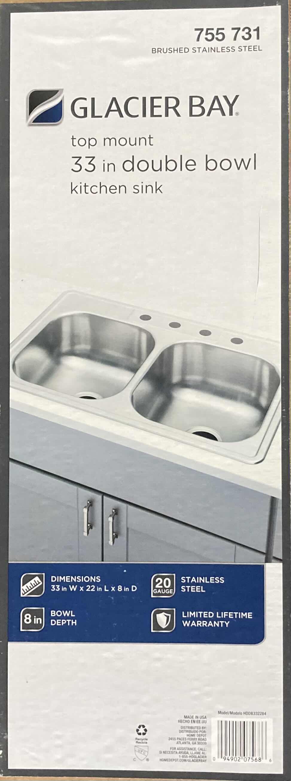 Photo 4 of GLACIER BAY 33” STAINLESS STEEL 20G TOP MOUNT DOUBLE BOWL KITCHEN SINK MODEL HDDB332284