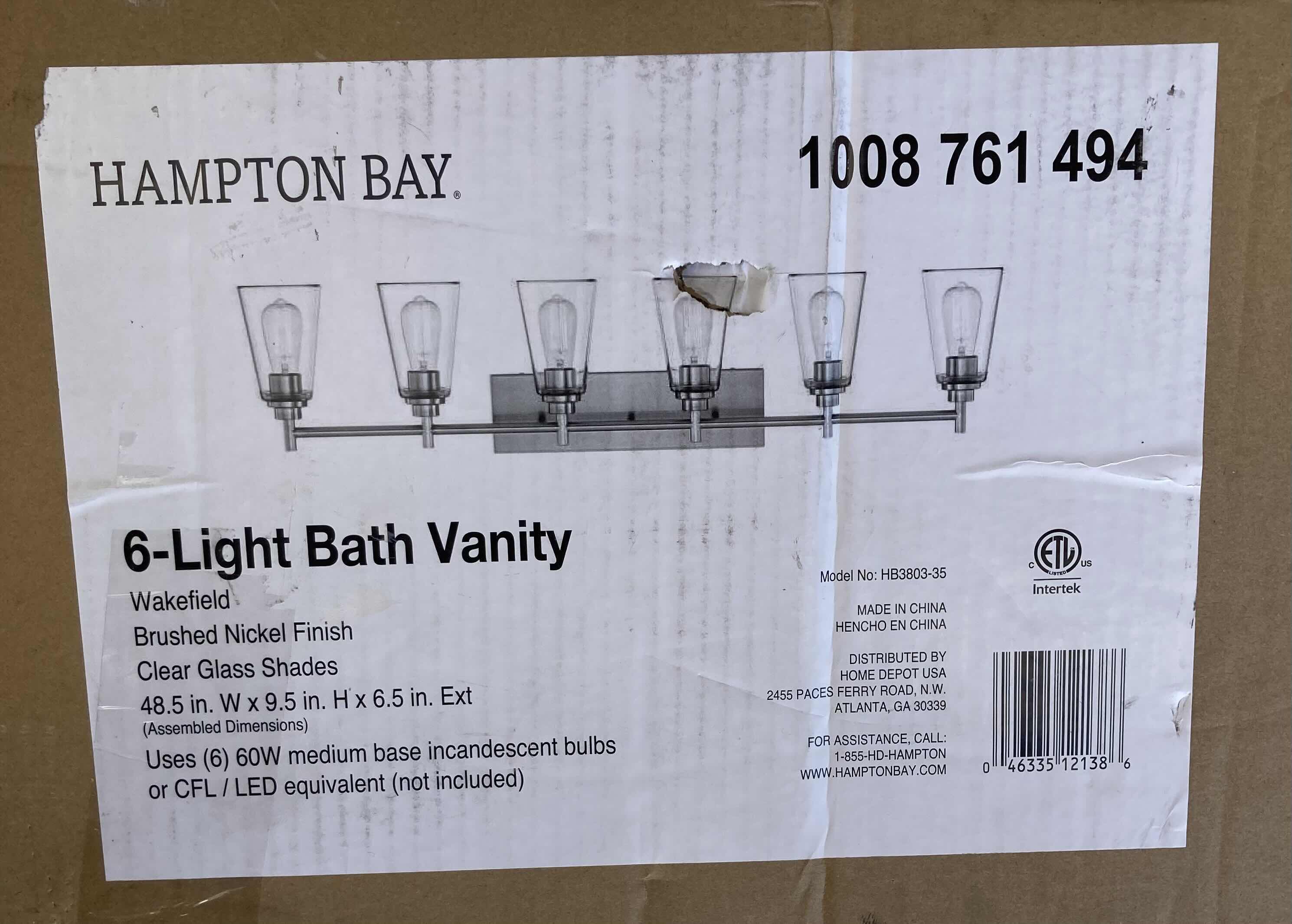 Photo 6 of HAMPTON BAY WAKEFIELD BRUSHED NICKLE 6 LIGHT CLEAR GLASS SHADE VANITY FIXTURE LIGHT 1008761494 48.5” X 6.5” H9.5”