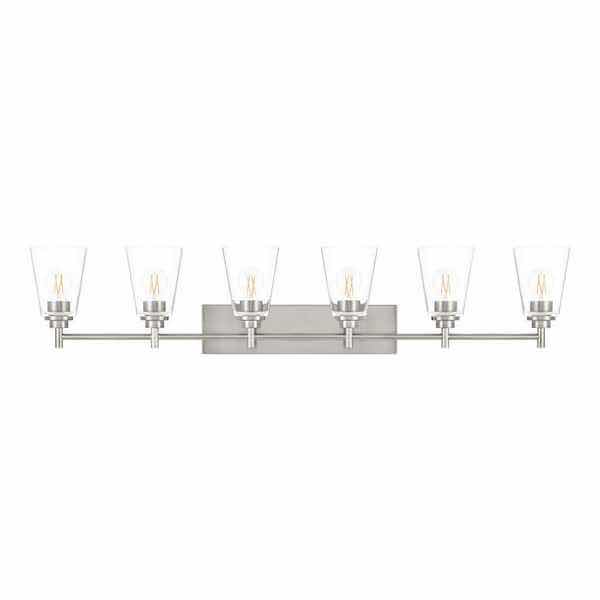 Photo 1 of HAMPTON BAY WAKEFIELD BRUSHED NICKLE 6 LIGHT CLEAR GLASS SHADE VANITY FIXTURE LIGHT 1008761494 48.5” X 6.5” H9.5”
