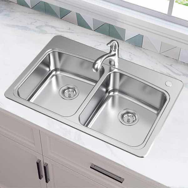 Photo 2 of GLACIER BAY 33” STAINLESS STEEL 20G DROP IN DOUBLE BOWL ALL IN ONE KITCHEN SINK MODEL VT3322R08-2A