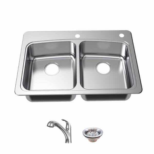 Photo 1 of GLACIER BAY 33” STAINLESS STEEL 20G DROP IN DOUBLE BOWL ALL IN ONE KITCHEN SINK MODEL VT3322R08-2A