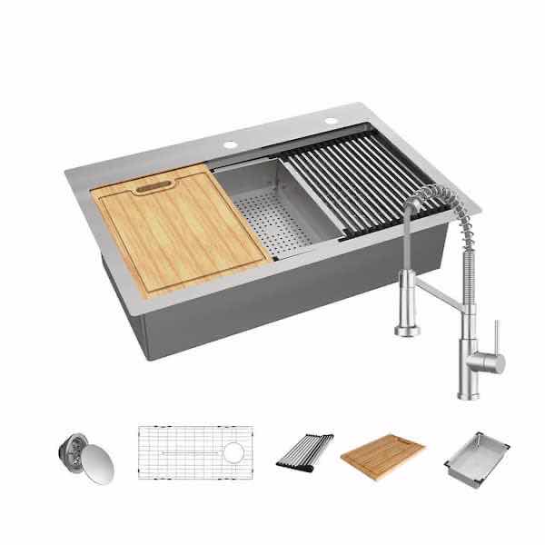 Photo 1 of GLACIER BAY 33” STAINLESS STEEL 18G DUEL MOUNT SINGLE BOWL ALL IN ONE WORKSTATION KITCHEN SINK MODEL FSD2R3322B1