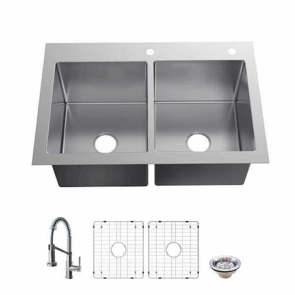 Photo 1 of GLACIER BAY 33” STAINLESS STEEL 18G DUEL MOUNT DOUBLE BOWL KITCHEN SINK W SPRING NECK FAUCET MODEL VDR3322A0SA1