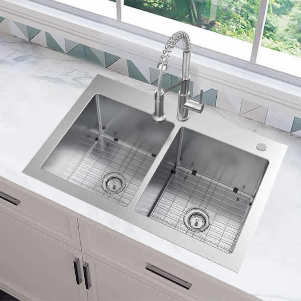 Photo 2 of GLACIER BAY 33” STAINLESS STEEL 18G DUEL MOUNT DOUBLE BOWL KITCHEN SINK W SPRING NECK FAUCET MODEL VDR3322A0SA1