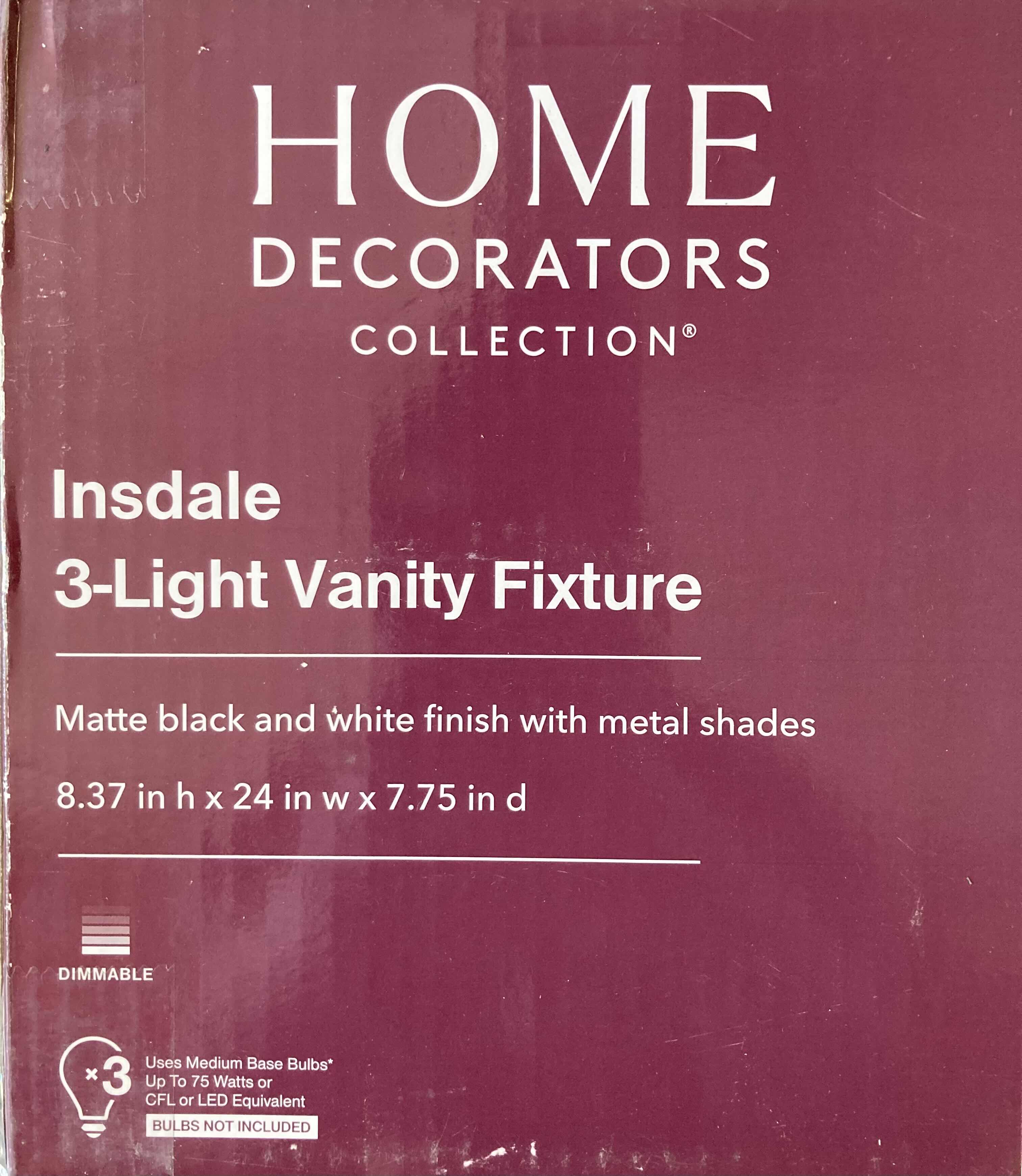 Photo 6 of HOME DECORATORS COLLECTION MATTE BLACK FINISH INSDALE 3 LIGHT METAL SHADE VANITY FIXTURE LIGHT 1006317716  24” X 7.75” H8.38”