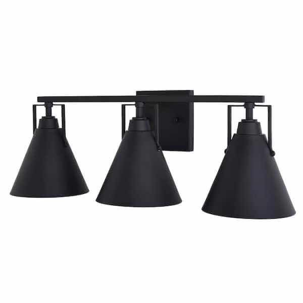 Photo 1 of HOME DECORATORS COLLECTION MATTE BLACK FINISH INSDALE 3 LIGHT METAL SHADE VANITY FIXTURE LIGHT 1006317716  24” X 7.75” H8.38”
