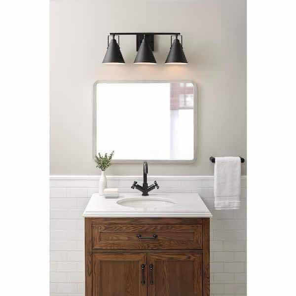 Photo 4 of HOME DECORATORS COLLECTION MATTE BLACK FINISH INSDALE 3 LIGHT METAL SHADE VANITY FIXTURE LIGHT 1006317716  24” X 7.75” H8.38”