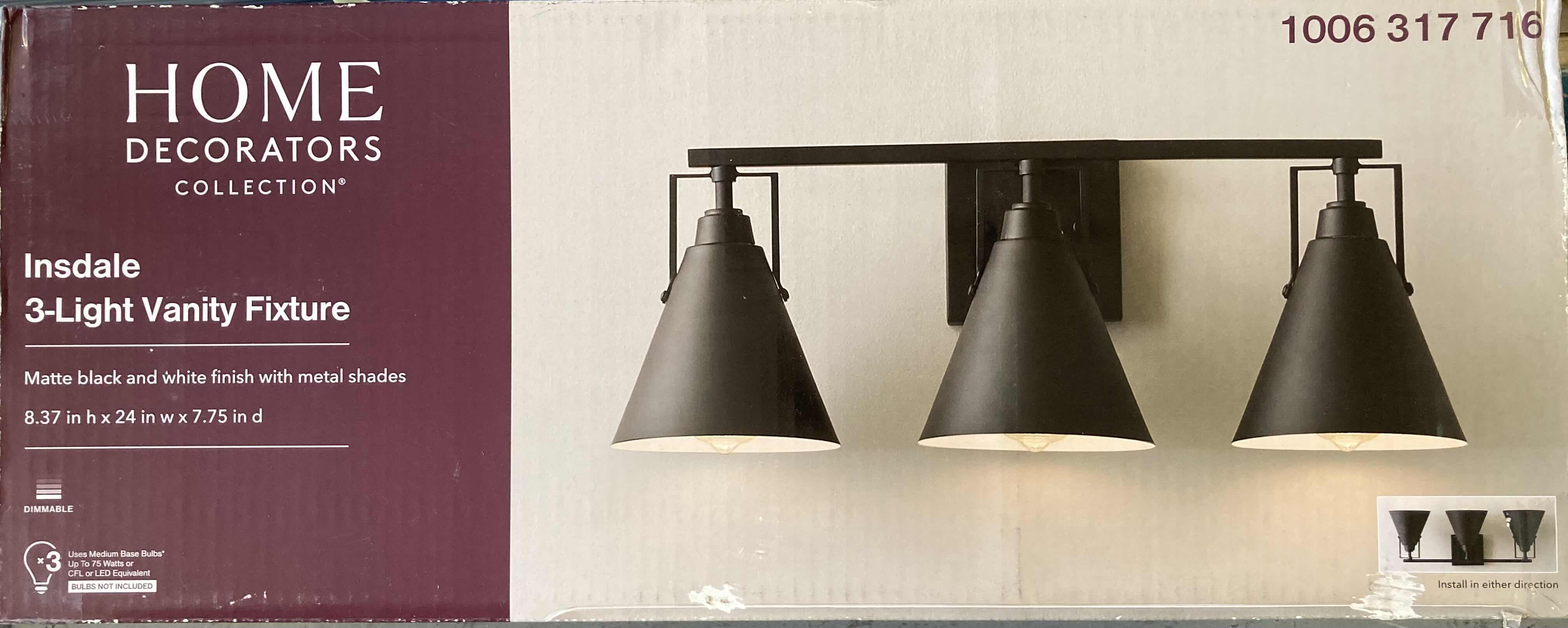 Photo 5 of HOME DECORATORS COLLECTION MATTE BLACK FINISH INSDALE 3 LIGHT METAL SHADE VANITY FIXTURE LIGHT 1006317716  24” X 7.75” H8.38”