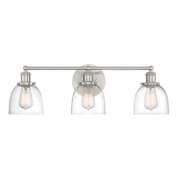 Photo 1 of HOME DECORATORS COLLECTION 26.75” EVELYN BRUSHED NICKEL 3 LIGHT INDUSTRIAL VANITY FIXTURE W CLEAR GLASS SHADES MODEL HB2586-35