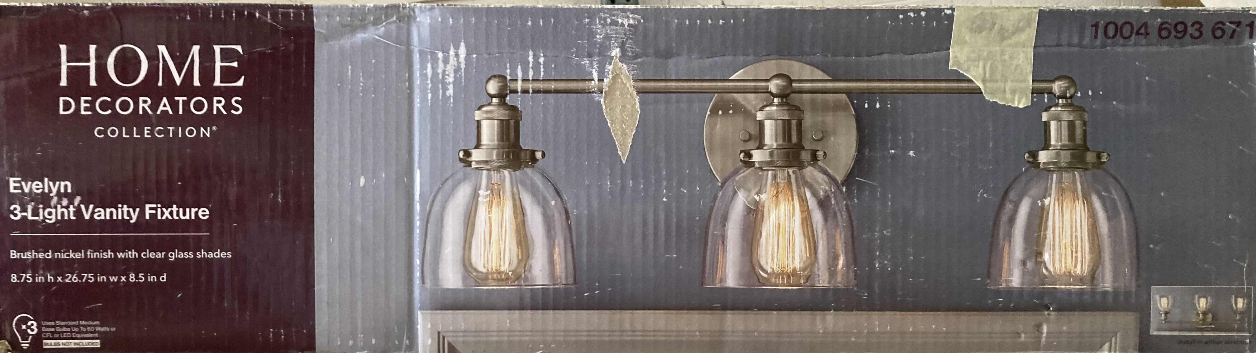 Photo 5 of HOME DECORATORS COLLECTION 26.75” EVELYN BRUSHED NICKEL 3 LIGHT INDUSTRIAL VANITY FIXTURE W CLEAR GLASS SHADES MODEL HB2586-35