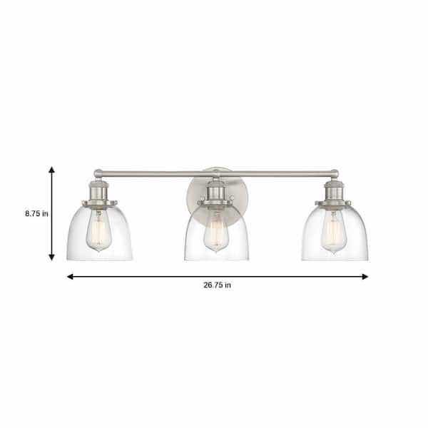 Photo 4 of HOME DECORATORS COLLECTION 26.75” EVELYN BRUSHED NICKEL 3 LIGHT INDUSTRIAL VANITY FIXTURE W CLEAR GLASS SHADES MODEL HB2586-35