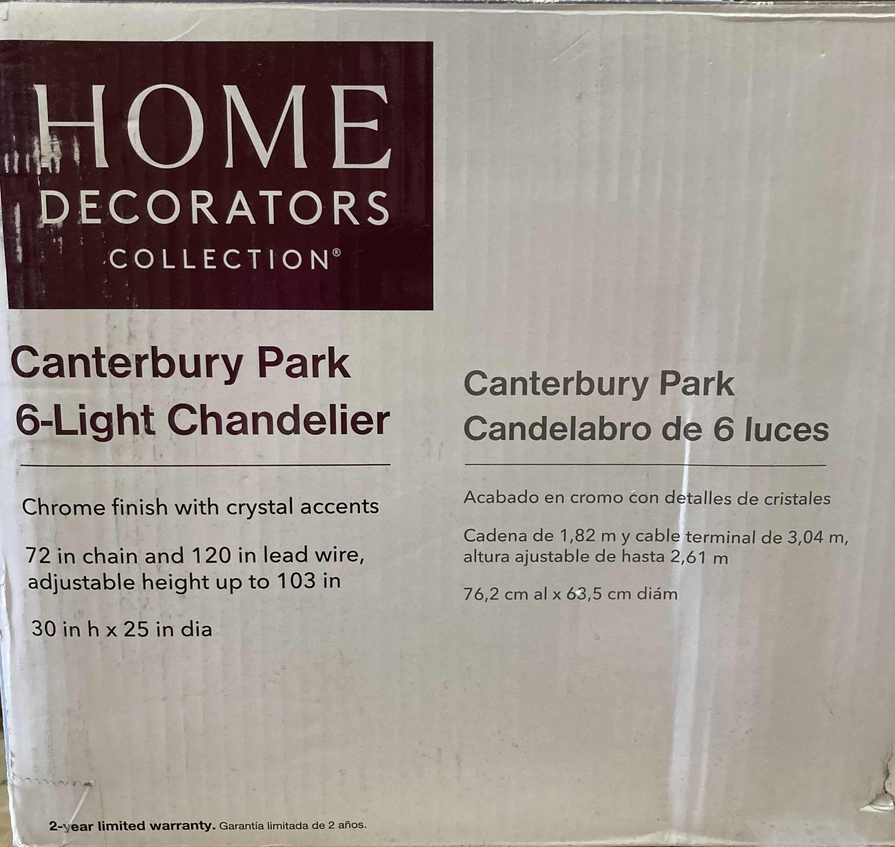 Photo 6 of HOME DECORATORS COLLECTION CANTERBURY PARK CHROME FINISH 6 LIGHT CHANDELIER W CRYSTAL ACCENTS MODEL 29360-HBU