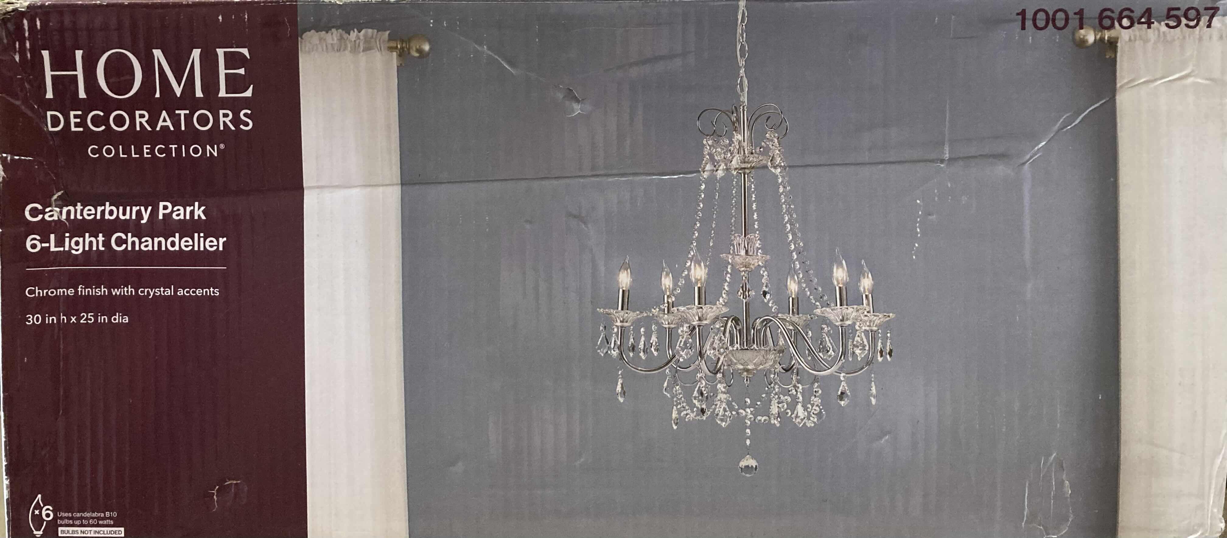 Photo 5 of HOME DECORATORS COLLECTION CANTERBURY PARK CHROME FINISH 6 LIGHT CHANDELIER W CRYSTAL ACCENTS MODEL 29360-HBU