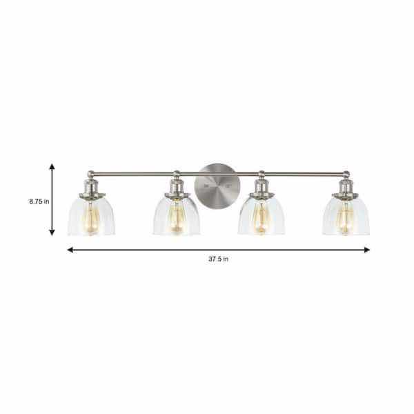 Photo 4 of HOME DECORATORS COLLECTION 37.5” EVELYN BRUSHED NICKEL 4 LIGHT INDUSTRIAL VANITY FIXTURE W CLEAR GLASS SHADES MODEL HB2628-35
