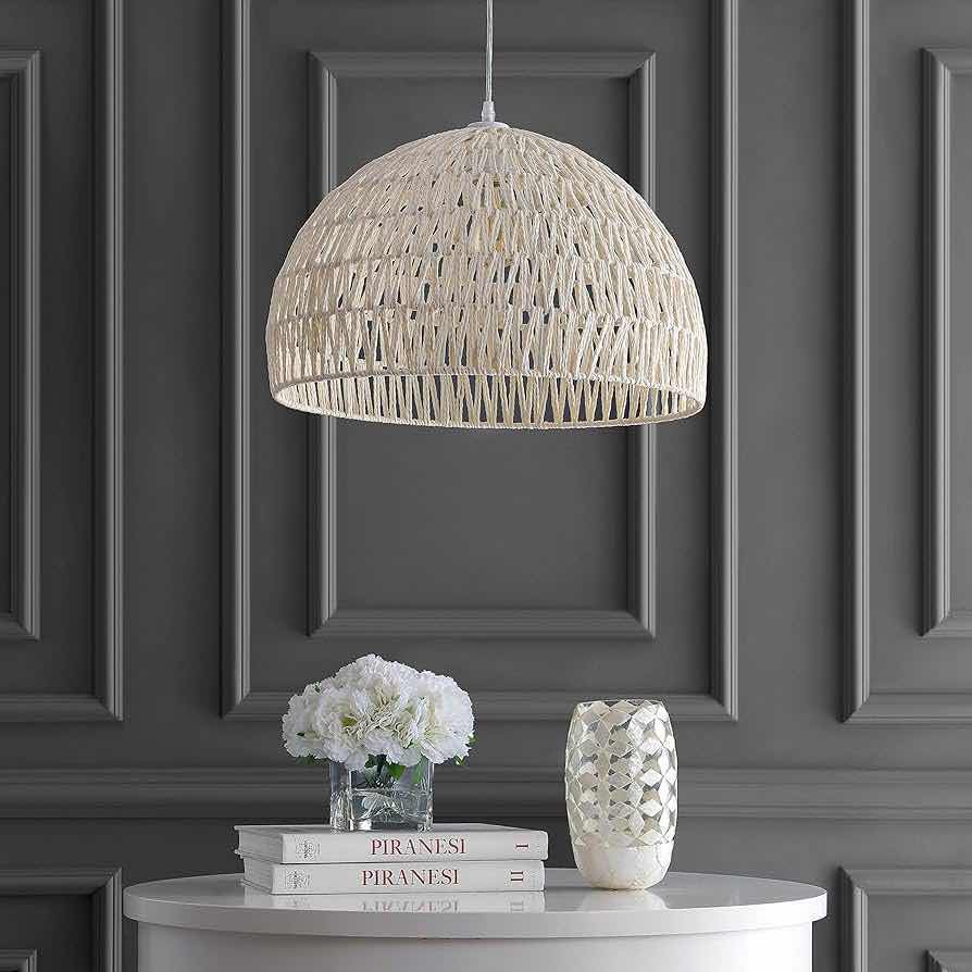 Photo 2 of JONATHAN Y DESIGNS CAMPANA CREAM BOHEMIAN RATTAN WOVEN SINGLE LIGHT 20” PENDANT CEILING LIGHT MODEL JYL6504B