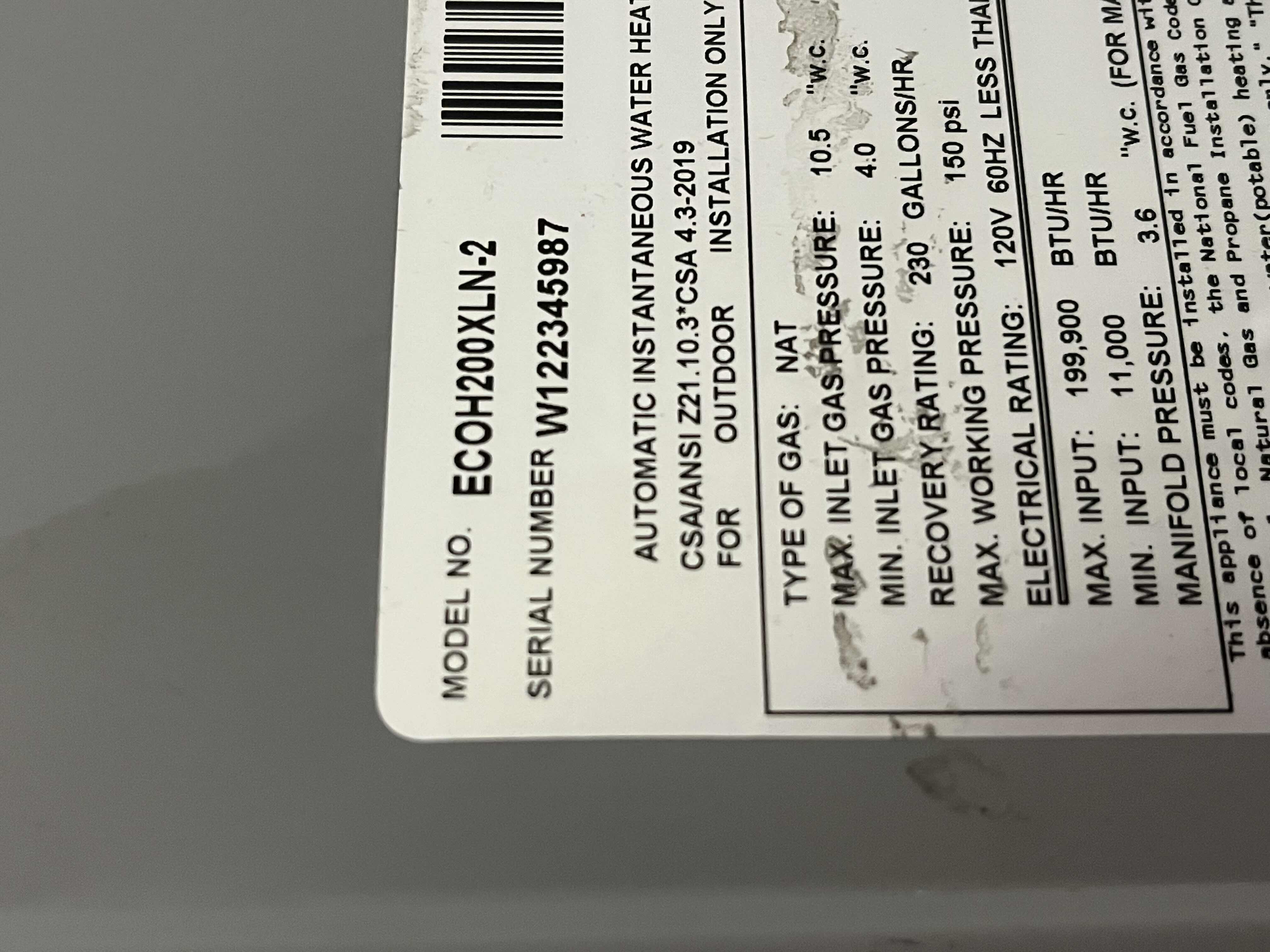 Photo 7 of RHEEM PERFORMANCE PLATINUM TANKLESS WATER HEATER MODEL ECOH200XLN-2