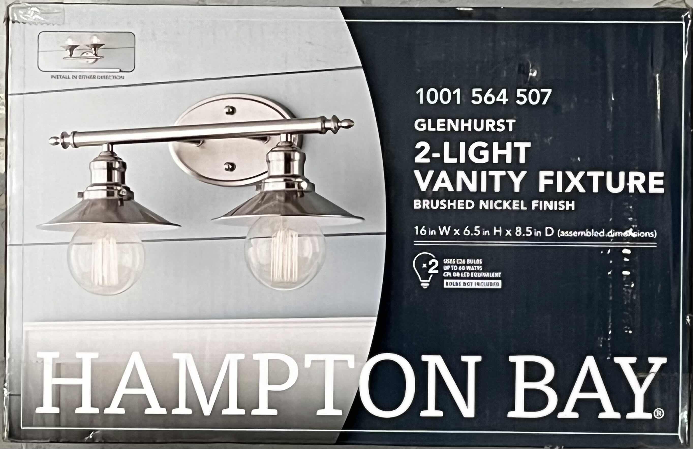 Photo 5 of HAMPTON BAY GLENHURST BRUSH NICKEL FINISH 2 LIGHT VANITY FIXTURE LIGHT 1001 564 507