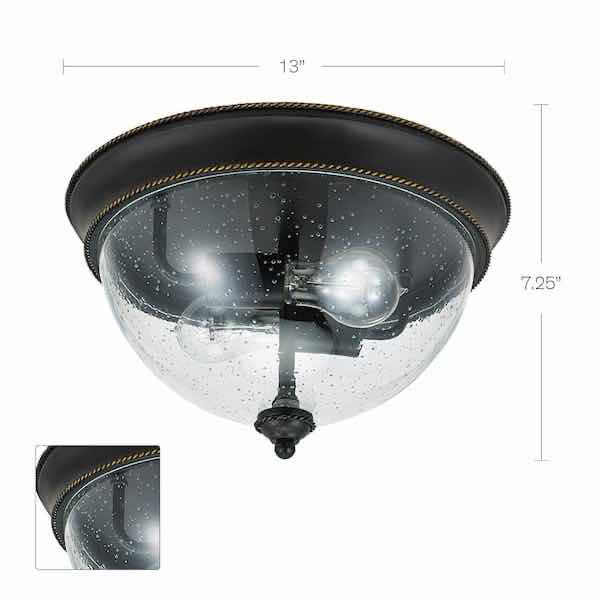 Photo 6 of HAMPTON BAY IRVING 13” BRONZE FINISH 2-LIGHT FLUSH MOUNT CEILING LIGHT W CLEAR SEEDED GLASS SHADE MODEL 21093-000