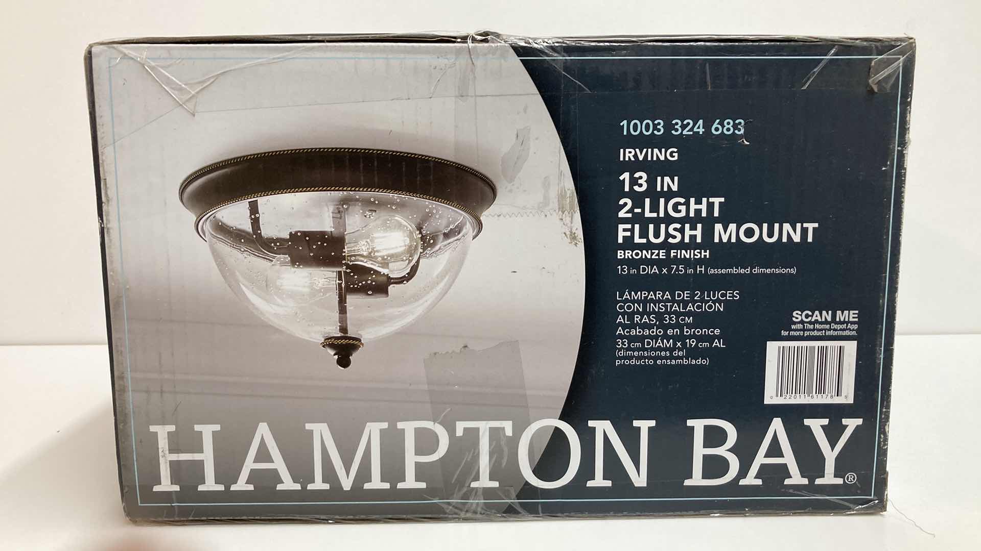 Photo 7 of HAMPTON BAY IRVING 13” BRONZE FINISH 2-LIGHT FLUSH MOUNT CEILING LIGHT W CLEAR SEEDED GLASS SHADE MODEL 21093-000