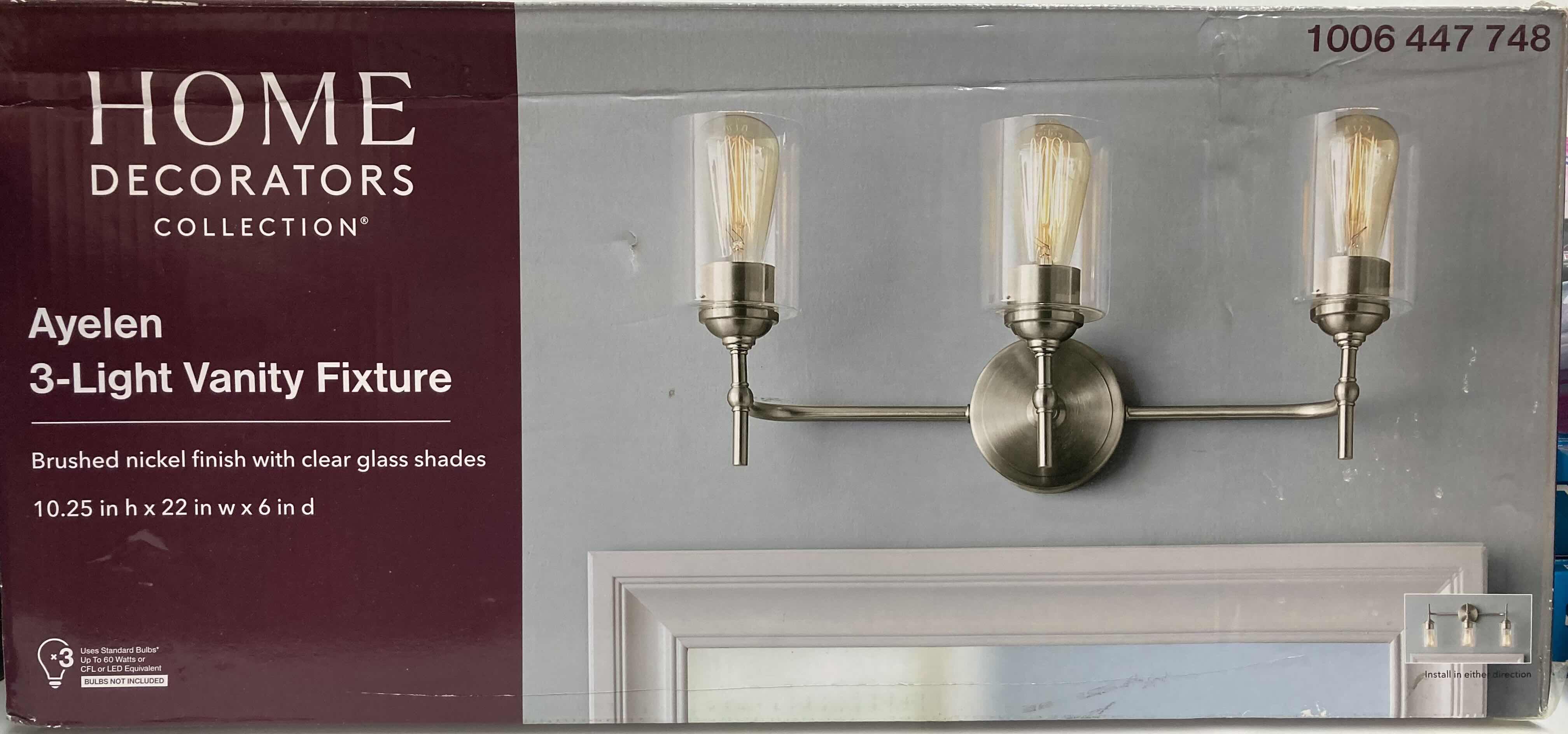 Photo 5 of HOME DECORATORS COLLECTION AYELEN BRUSHED NICKEL FINISH 3-LIGHT VANITY FIXTURE W CLEAR GLASS SHADE MODEL 39109-HBU 22” X 6” H10.25”