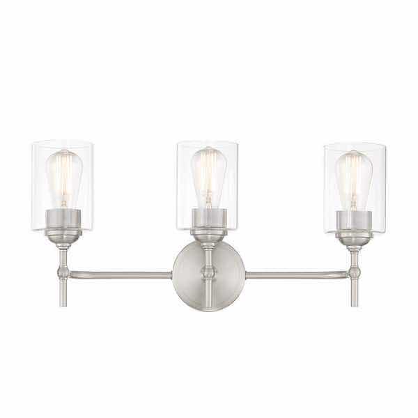Photo 1 of HOME DECORATORS COLLECTION AYELEN BRUSHED NICKEL FINISH 3-LIGHT VANITY FIXTURE W CLEAR GLASS SHADE MODEL 39109-HBU 22” X 6” H10.25”