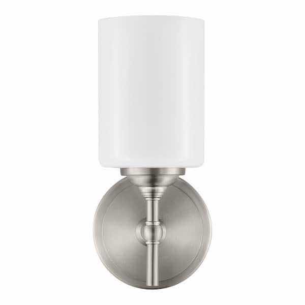 Photo 1 of HOME DECORATORS COLLECTION AYELEN BRUSHED NICKEL FINISH 1-LIGHT INDOOR WALL LIGHT W OPAL WHITE GLASS MODEL 39342-HBW 4.75” X 10.25”