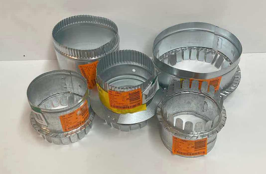 Photo 1 of MASTER FLOW GALVANIZED STEEL DUCT PARTS- (3) STARTING COLLAR 5”, STARTING COLLAR 8”, & FLEXIBLE DUCT 6”