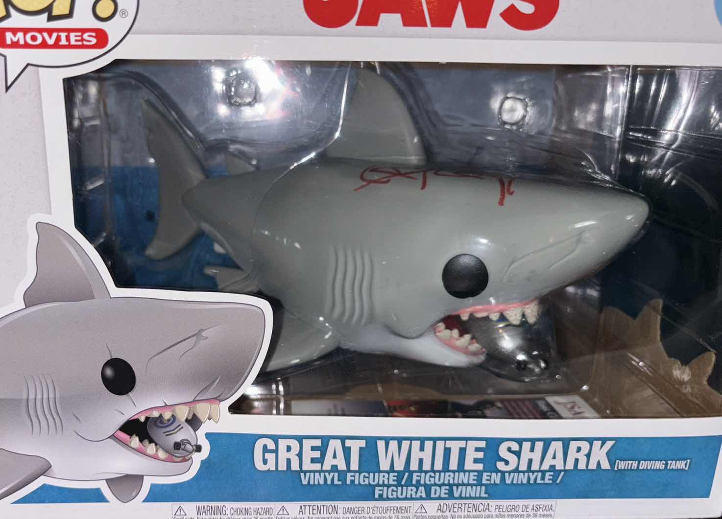 Photo 1 of NEW FUNKO POP! MOVIES VINYL FIGURE, RICHARD DREYFUSS SIGNED #759 JAWS GREAT WHITE SHARK (WITH DIVING TANK), JSA COA INCLUDED 